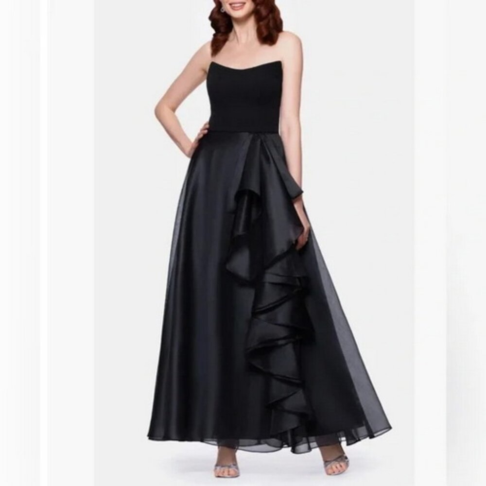 Betsy & Adam Black Ruffle Strapless Mixed Media Gown